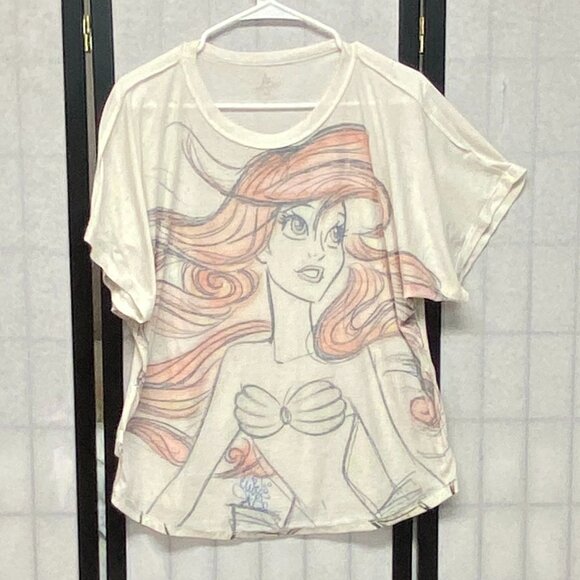 Disney Parks Princess Signed Short Sleeve Ariel Linen Blend Tee Cream Natural - Picture 5 of 13